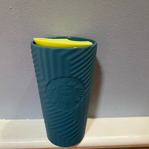 Starbucks Teal Tumbler with Bright Yellow Lid